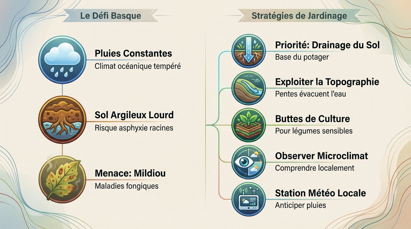 Jardinier basque préparant une butte de culture pour drainer un sol argileux