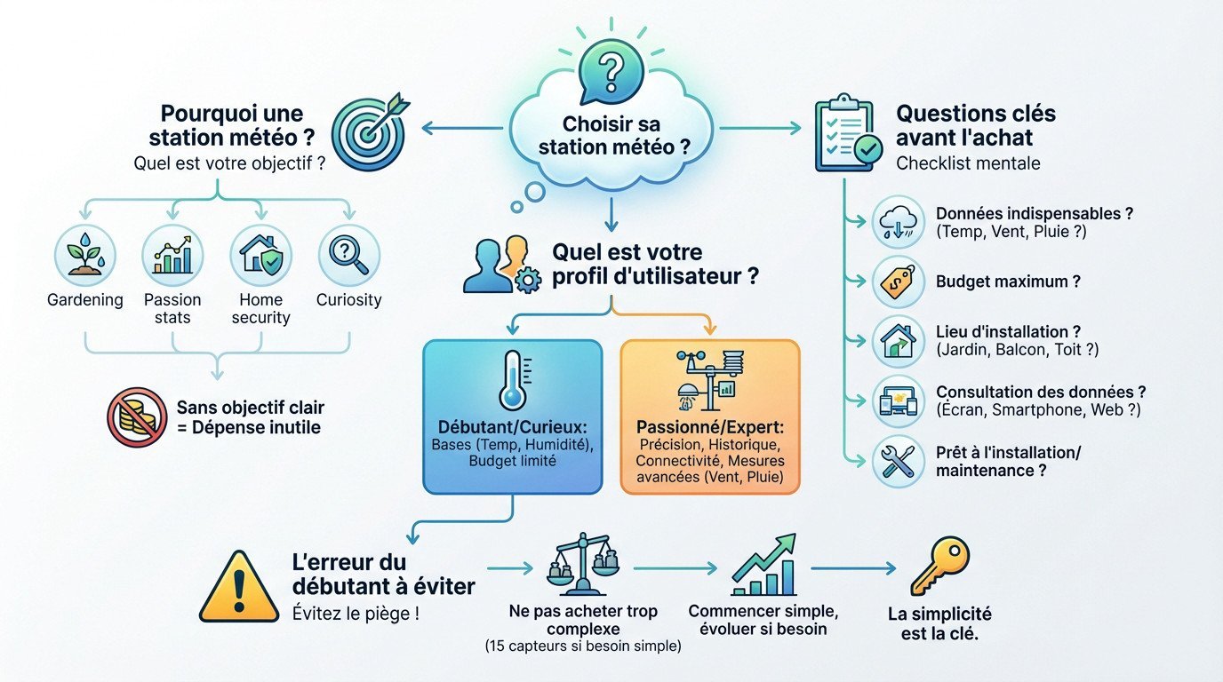 Randonneur consultant une station météo portable en montagne face à un paysage nuageux