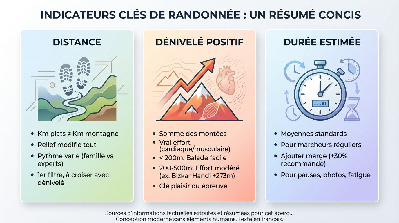 Tableau récapitulatif des indicateurs clés pour évaluer la difficulté d'une randonnée au Pays Basque
