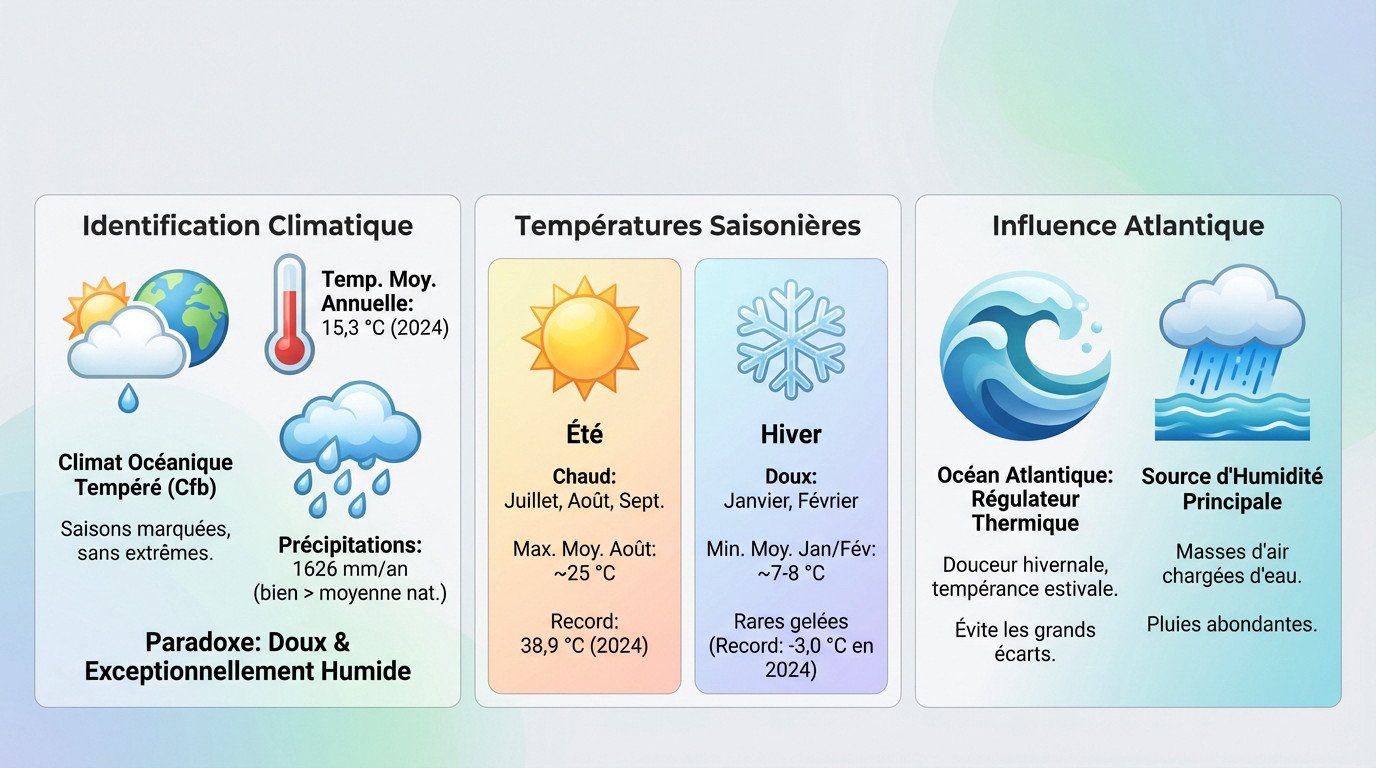 Infographie détaillant les températures et précipitations du climat océanique d'Espelette