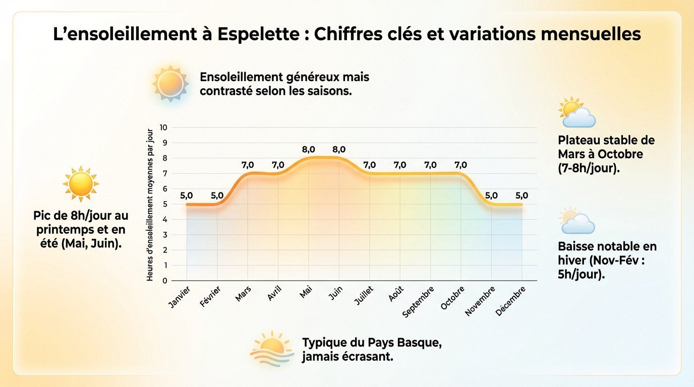 Graphique illustrant les variations mensuelles de l'ensoleillement à Espelette