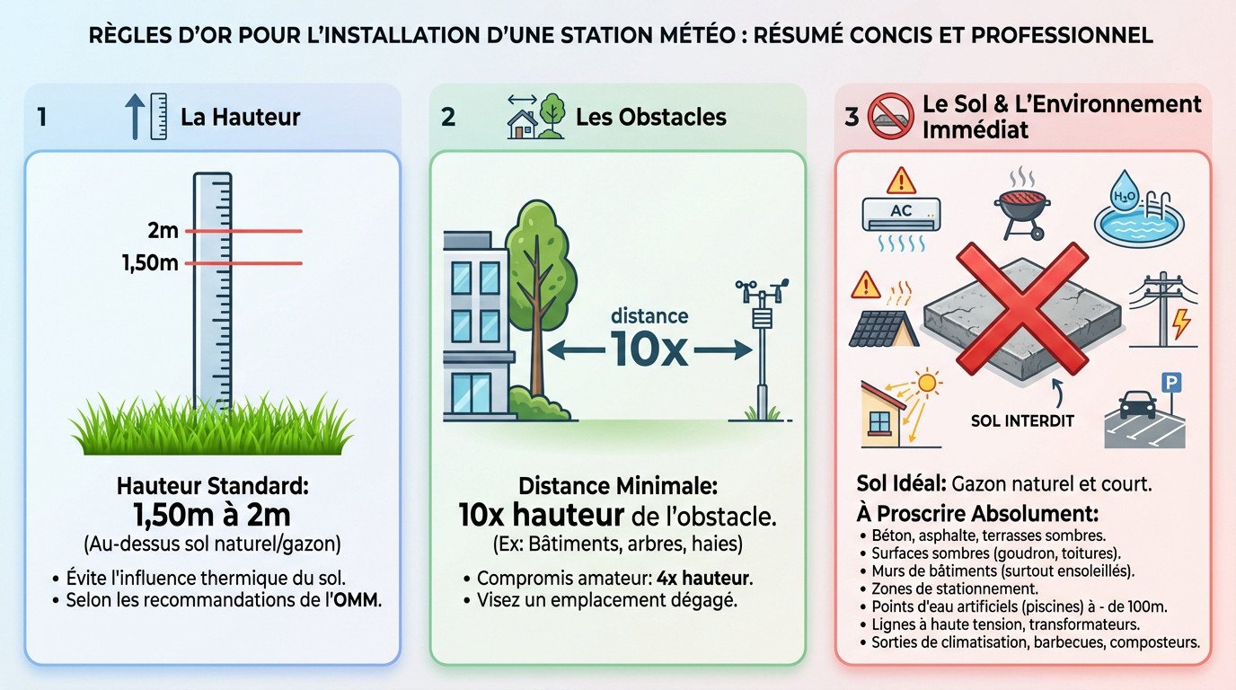 Schéma illustrant les distances et hauteurs à respecter pour l'installation d'une station météo dans un jardin