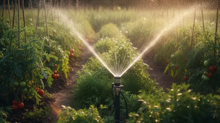 un arrosage automatique arrose un potager le matin