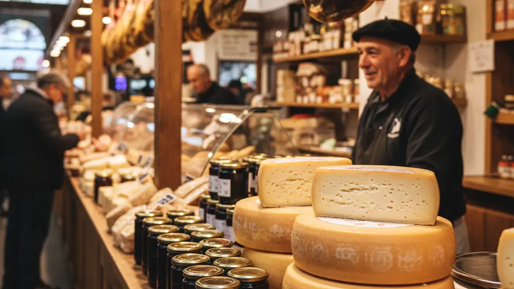 Un marchand âgé tient un stand où il présente ses produits basques